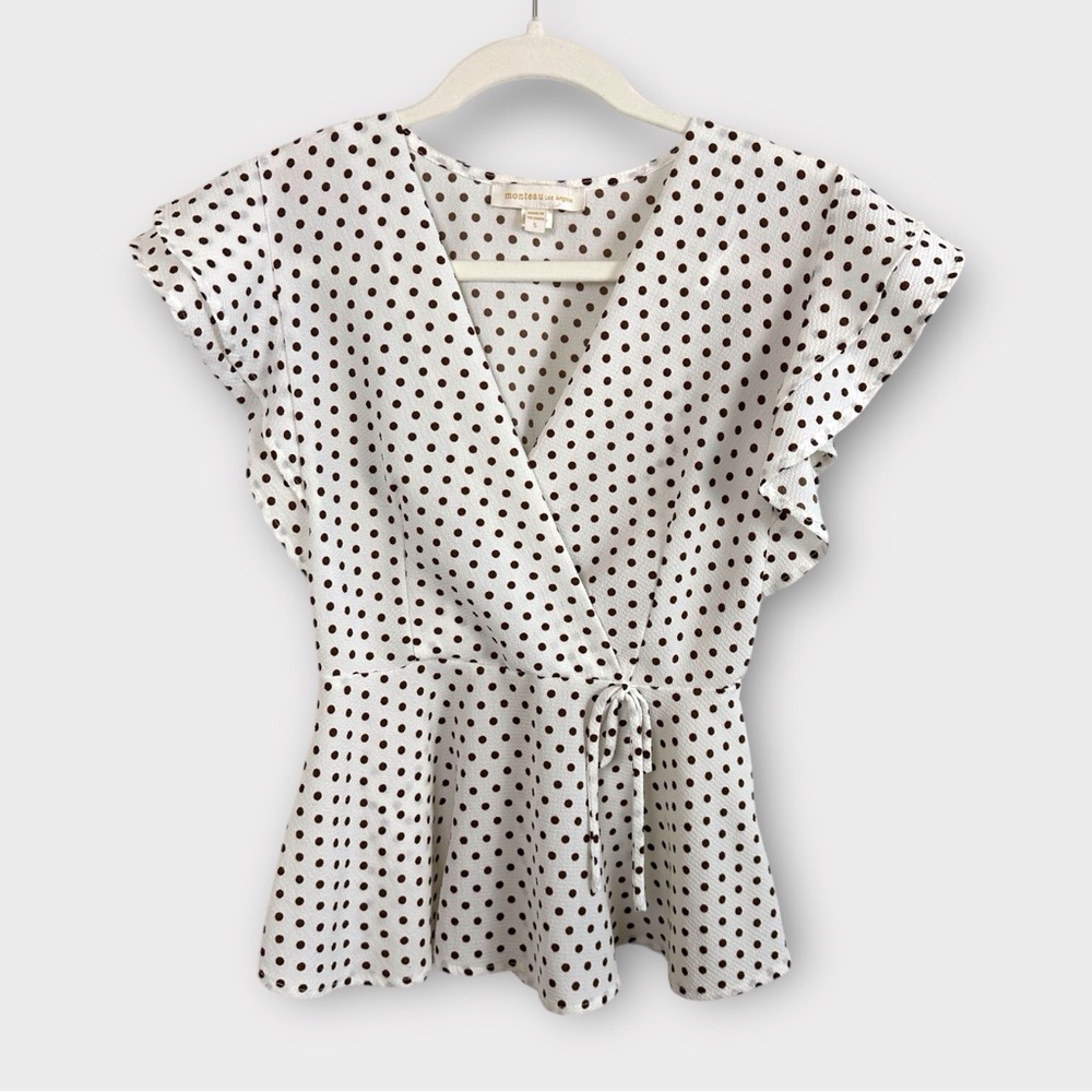 Monteau Los Angeles White and Brown Polka Dot Wrap Blouse